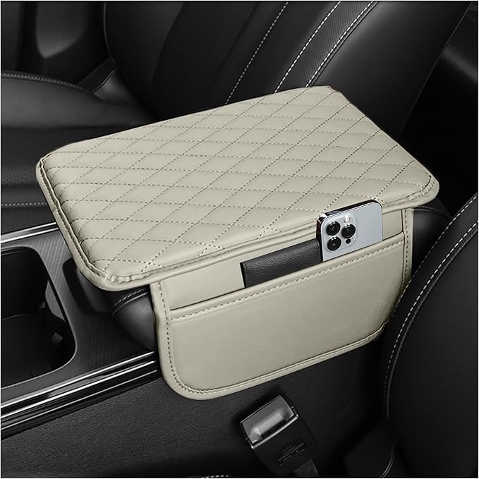 Stacool Upgraded Car Center Console Cover,Microfiber Leather Car Armrest Cover Cushion with 2 Storage Bags,Universal Car Armrest Storage Box (Light Beige)