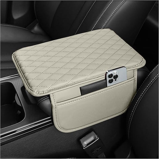 Stacool Upgraded Car Center Console Cover,Microfiber Leather Car Armrest Cover Cushion with 2 Storage Bags,Universal Car Armrest Storage Box (Light Beige)