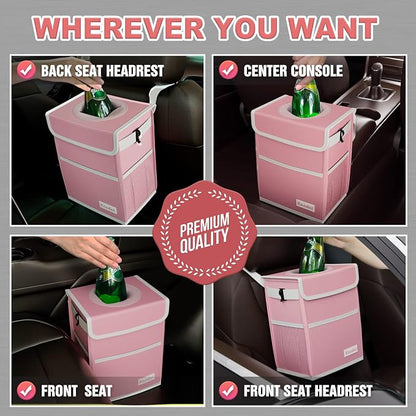 K KNODEL Car Trash Can, Waterproof Garbage Bag with Lid, Leak-Proof Trash Bin, Car Bin Hanging (Pink, Large)