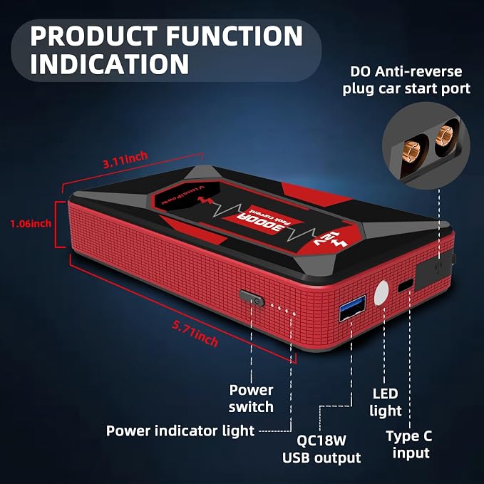 Jump Starter Portable,4000A Peak Motorcycle Jump Starter, Jump Box for Car Jumper Starter Portable, 12V Auto Booster Pack(Up to 7L Gas and 5L Diesel Engine) with Smart Safety Jumper Cable (red)