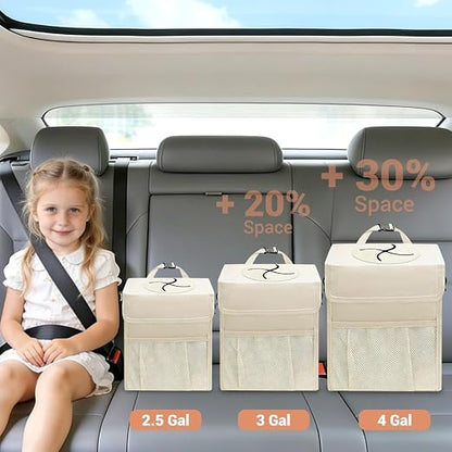 Capolo Car Trash Can with Lid, Leakproof Car Trash Bag Hanging Waterproof Automotive Garbage Can with Storage Pockets Mini Vehicle Trash Bin for Back/Front Seat(Beige,4 Gallon)