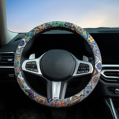 Mexican Talavera Tiles Style Steering Wheel Cover Auto Steering Wheel Protector, Anti-Slip, Breathable, Absorbing Sweat, Universal Mexican Car Accessories 14.5–15 inch,Fit for Most Car, Trucks, SUV