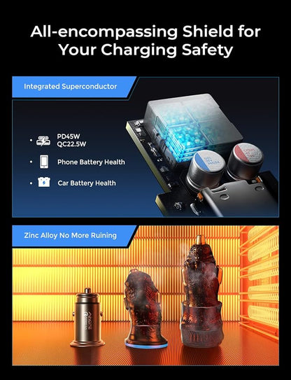 AINOPE 67.5W Car Charger USB C Fast Charging【Mini & Metal】[+ 6.6 FT Type-C Cable] Dual Port PD/QC3.0 Cigarette Lighter USB Charger Adapter for iPhone 17 Pro Max 16 15 Air Samsung Android, Black