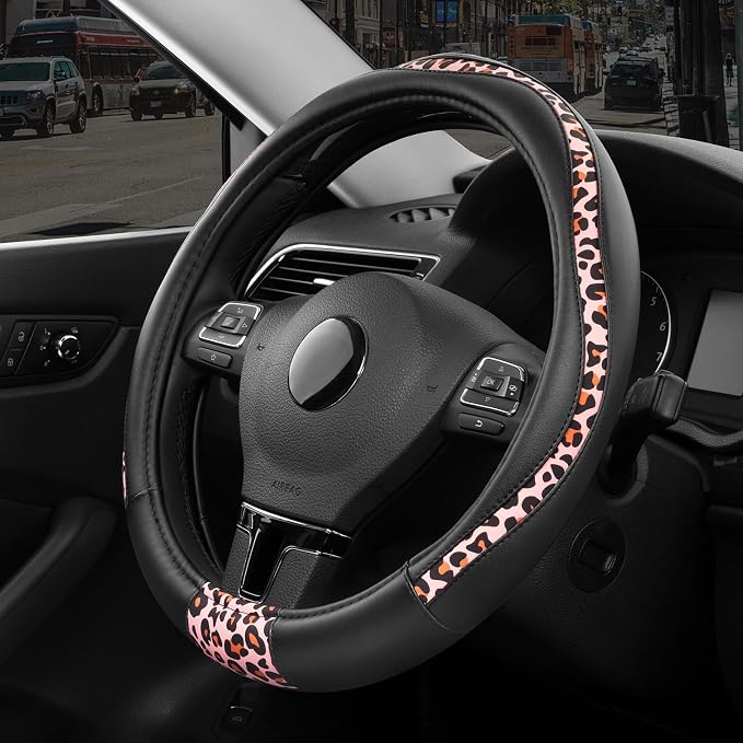 Road Comforts Steering Wheel Cover - Made with PVC Leather and Leopard Fabric - Universal 14 1/2 inches to 15 inches for Most Automotive Steering Wheel - Cheetah Print - Pink Leapord