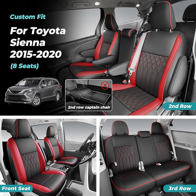 Customized for Toyota Sienna Seat Covers 2011-2020 Sienna 8 Seats 3 Row, Leather Car Seat Covers Waterproof Seat Covers Full Set for Cars, Car Seat Protectors, Airbag Compatible(BlackRed)