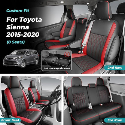 Customized for Toyota Sienna Seat Covers 2011-2020 Sienna 8 Seats 3 Row, Leather Car Seat Covers Waterproof Seat Covers Full Set for Cars, Car Seat Protectors, Airbag Compatible(BlackRed)