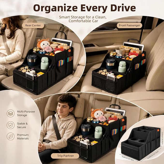 Car Seat Organizer Backseat and Passenger Seat Organizer with 9 Compartments 2 Cup Holders Car Organizer Front Seat Storage for Travel Kids，Black