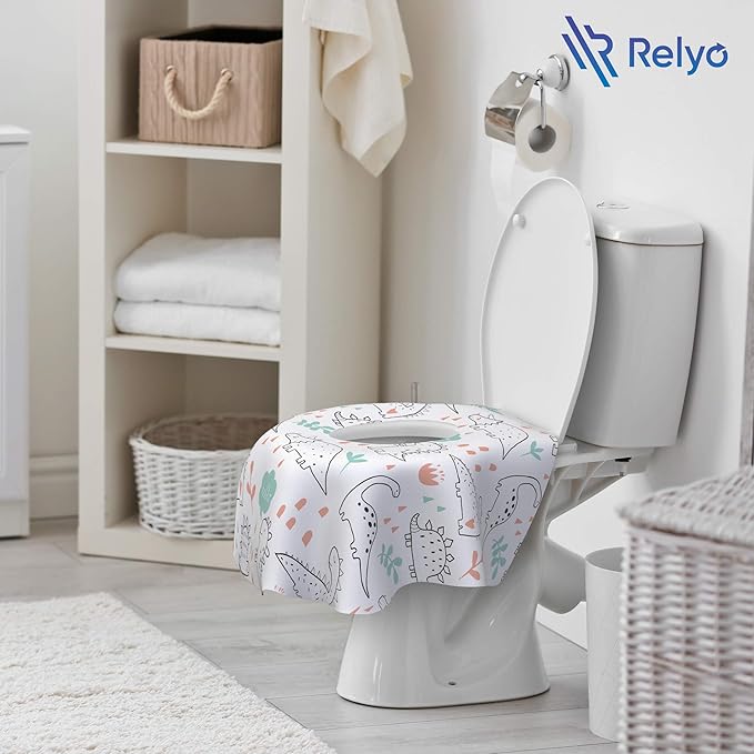 Relyo Disposable Toilet Seat Cover for Travel – 20 Pack with Covers Wrapped in Sets of 2, Non-Flushable Liners, Fits Most Seats – Kids, Toddlers, Adults (Dinosaurs, 20)