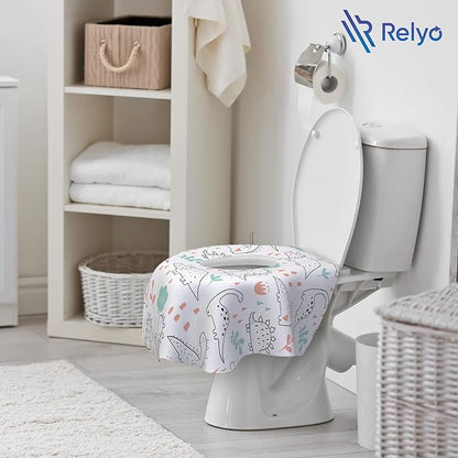 Relyo Disposable Toilet Seat Cover for Travel – 20 Pack with Covers Wrapped in Sets of 2, Non-Flushable Liners, Fits Most Seats – Kids, Toddlers, Adults (Dinosaurs, 20)