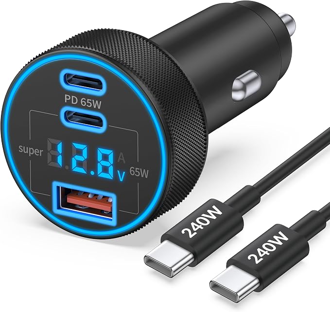 130W 3-Port USB C Super Fast Car Charger (with Voltage Display) for Samsung Galaxy S26/S25/ S24/S23/S22 Ultra/Z Fold/Flip, Android Phone, Type C Car Charger Adapter Accessories + 240W 3FT USB C Cable
