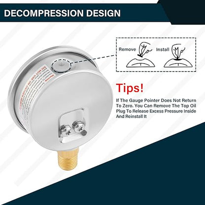 MEASUREMAN 2-1/2" dial,Glycerin Filled, Stainless Steel case, Brass Inside, 0-10psi/kpa,1/4" NPT Lower Mount