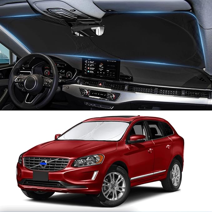 Custom Fit XC60 Windshield Sunshade for 2018 2019-2024 2025 2026 Volvo XC60 SUV Accessories Front Window Shield 210T Silver Coating Cover for Windshield Sun Visor Protector Blocks UV Keep Car Cool