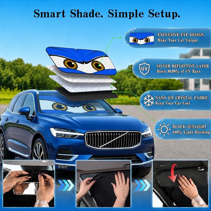 Car Windshield Sun Shade, Blue Monster Style Sun Visor for Windshield, Windshield Cover Universal Fits Mid-Large Sendan SUV Crossover Family Vehicle, UV Heat Protection - 63 x 31.5