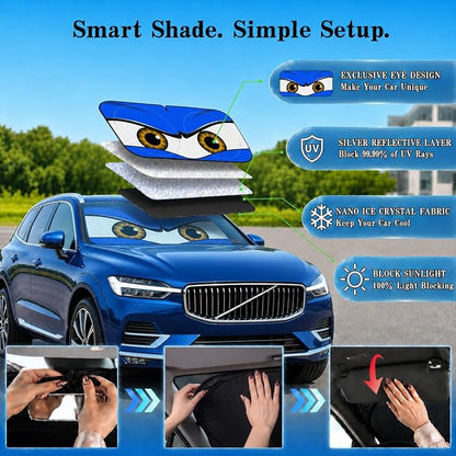 Car Windshield Sun Shade, Blue Monster Style Sun Visor for Windshield, Windshield Cover Universal Fits Mid-Large Sendan SUV Crossover Family Vehicle, UV Heat Protection - 63 x 31.5