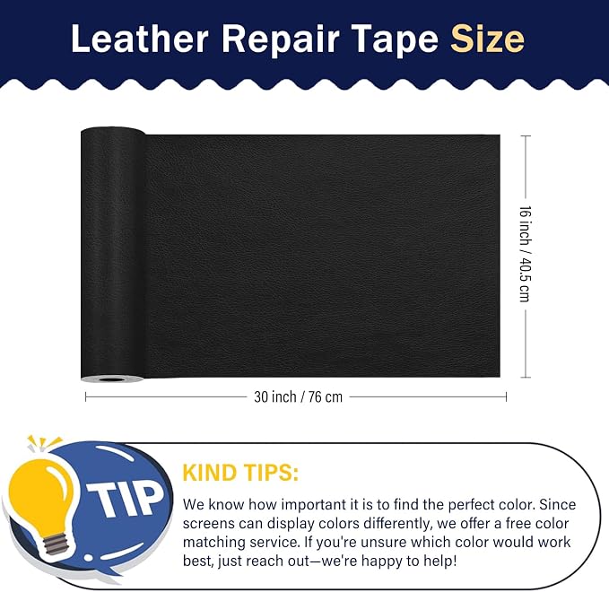 Zenyao Leather Repair Patch Tape - Self Adhesive Leather Repair Kit for Car Seat Furniture, Heavy Duty Vinyl Repair Patch for Couch Sofa, Waterproof for Rips Scratches Tears, 12x30 Inch Roll, Black