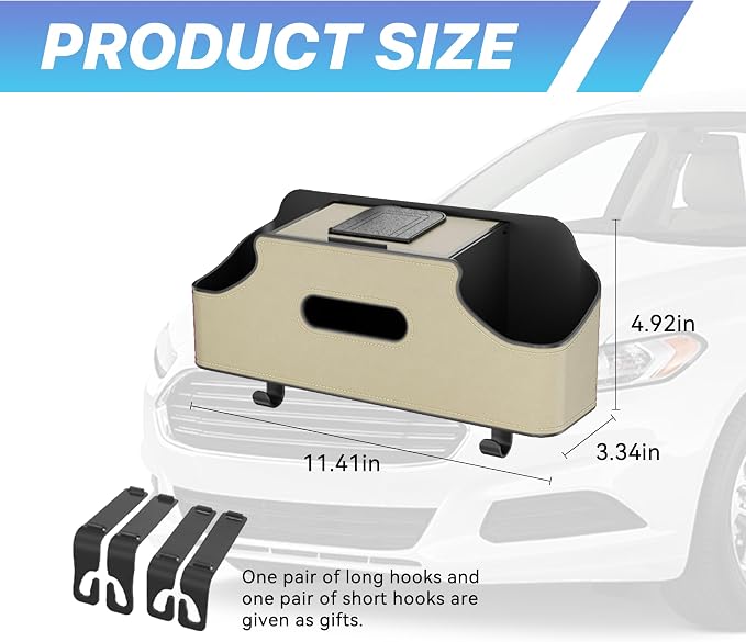 Car Seat Back Organizer, 3-in-1 Vehicle Backseat Storage Box with Cup Holder Tissue Box Trash Bin & Hooks, Multifunctional Auto Interior Headrest Organizer, Universal for SUV RV Truck (Beige)
