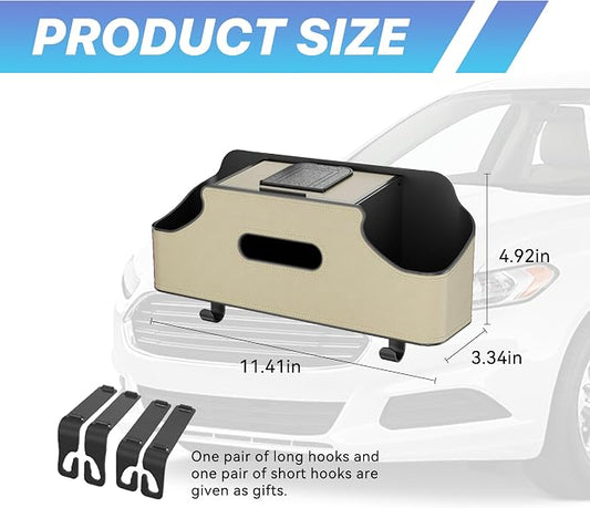 Car Seat Back Organizer, 3-in-1 Vehicle Backseat Storage Box with Cup Holder Tissue Box Trash Bin & Hooks, Multifunctional Auto Interior Headrest Organizer, Universal for SUV RV Truck (Beige)