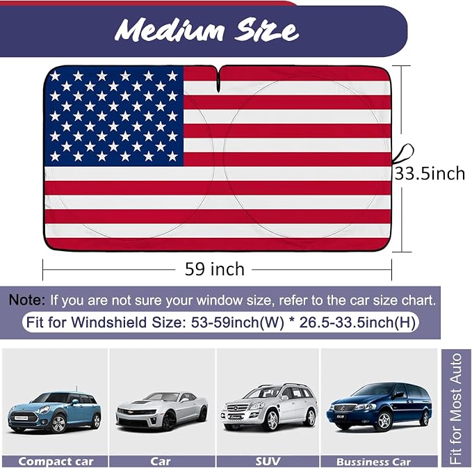 IC ICLOVER American Flag Windshield Sun Shade, 240T Polyester Car Sun Visor Blocks Heat and UV Rays Sun Protection, Foldable Sun Shield Keeps Your Vehicle Cool (Medium 59x33in)
