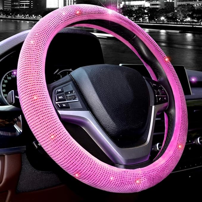Valleycomfy Steering Wheel Cover for Women Bling Bling Crystal Diamond Sparkling Car SUV Wheel Protector Universal Fit 15 Inch (Rose,Standard Size(14" 1/2-15" 1/4))