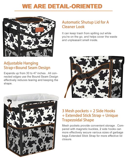 Pritent Car Trash Can with Lid, Cute Leakproof Car Trash Garbage Bag Hanging Vehicle Trash Bin Small Portable Automotive Garbage Cans Organizer for Back/Front Seat/Console(2.8 Gallons,Cow Print)