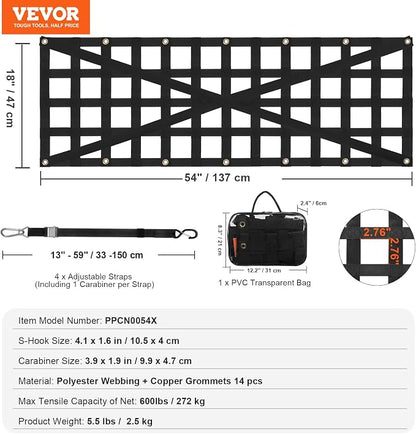 VEVOR Tailgate Net for Truck Bed, 54 in x 18 in, Cargo Net Durable with 4 Adjustable Buckle Straps, Cross-Reinforced Design, Extendable & Durable, Suitable for Truck, Trailer, Pickup, Boat, Jeep, SUV