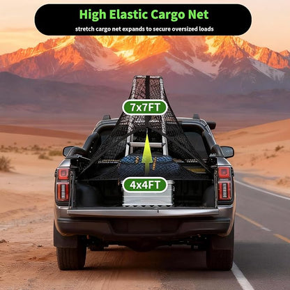 Cargo Net for Pickup Truck Bed, Highly Elastic Truck Bed Net, Suitable for Daily Light Loads of Trucks, 4'x4' Stretches to 7'x7', with 6 Metal Carabiners