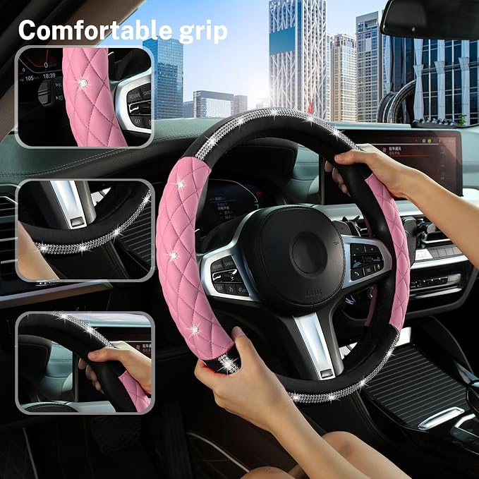 Steering Wheel Cover，with Diamond Crystal Rhinestone,Delicate and Anti-Slip Bling Steering Wheel Cover ，Adaptable to 14.5-15 inches Car Wheel Protector for Women Girl ，Black & Pink