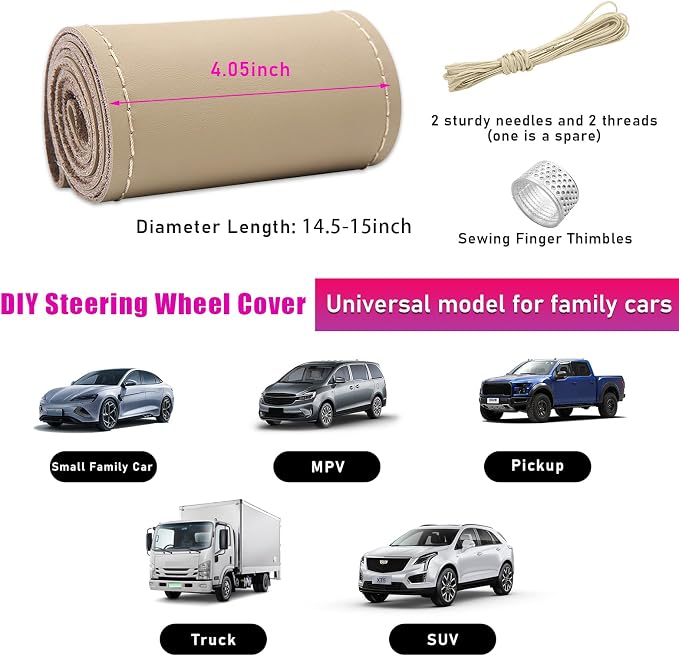 Ziciner Genuine Leather Steering Wheel Cover, Stitch on Wrap, Breathable Anti-Slip Car Steering Wheel Protector for Max Diameter 15 Inch, DIY Sewing with Needles Thread (Beige, Glossy)