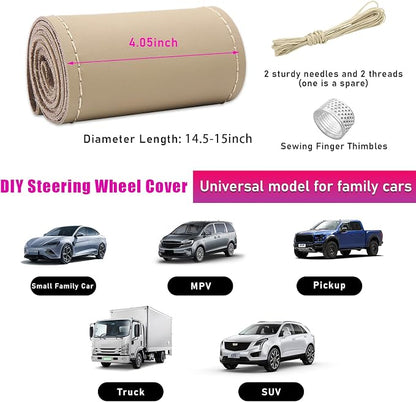 Ziciner Genuine Leather Steering Wheel Cover, Stitch on Wrap, Breathable Anti-Slip Car Steering Wheel Protector for Max Diameter 15 Inch, DIY Sewing with Needles Thread (Beige, Glossy)