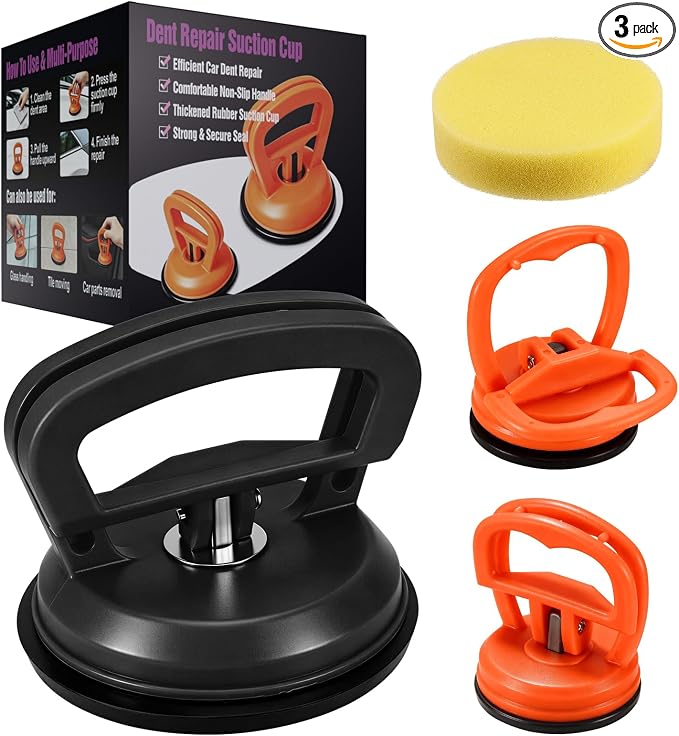 3 Pack Suction Cup Dent Puller,Car Dent Removal,Dent Repair Kit | Paintless Car Dent Puller,With Strong Pulling Power for Car Body & Hail Damage, Object Moving and Glass Lifting(Black+Orange)