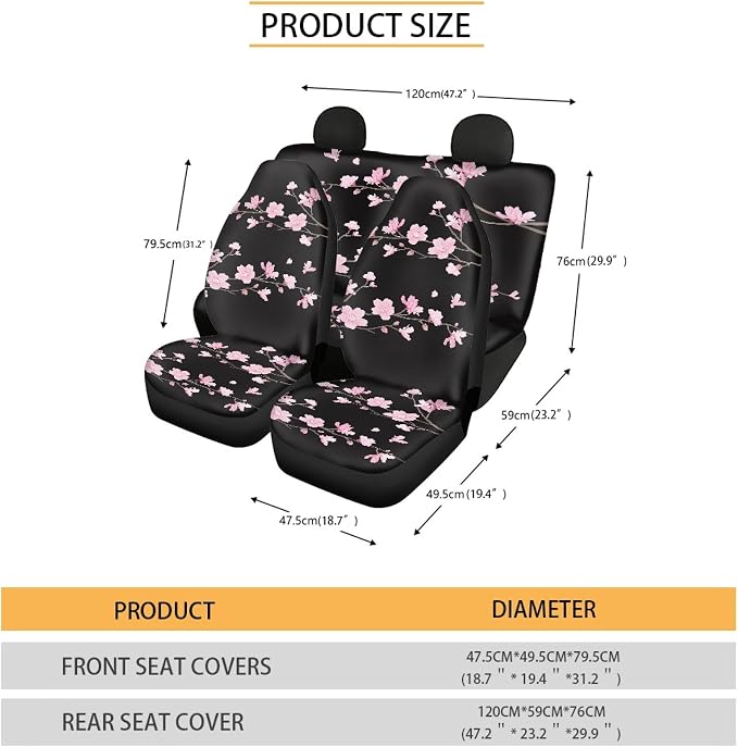 Cherry Blossom Car Seat Covers Full Set,Japanese Pink Flowers Tree Branches with Falling Petals Vehicle Front Rear Bench Cushion Protector Interior Accessories Universal Fit for Trucks Sedans