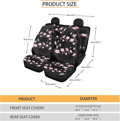 Cherry Blossom Car Seat Covers Full Set,Japanese Pink Flowers Tree Branches with Falling Petals Vehicle Front Rear Bench Cushion Protector Interior Accessories Universal Fit for Trucks Sedans