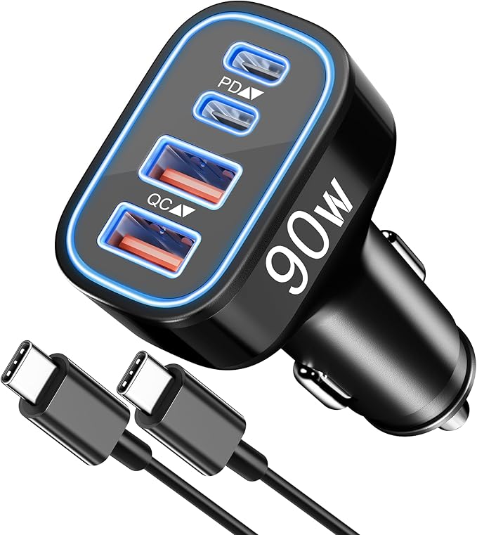 90W 4-Port USB C Super Fast Car Charger for Samsung Galaxy S26/S25/S24/S23/S22 Ultra, iPhone 17/16/15 Pro Max, Android, Type C Fast Charging Car Phone Charger Adapter Accessories + 3FT USB-C Cable