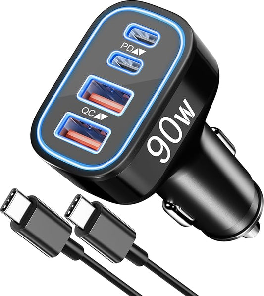 90W 4-Port USB C Super Fast Car Charger for Samsung Galaxy S26/S25/S24/S23/S22 Ultra, iPhone 17/16/15 Pro Max, Android, Type C Fast Charging Car Phone Charger Adapter Accessories + 3FT USB-C Cable
