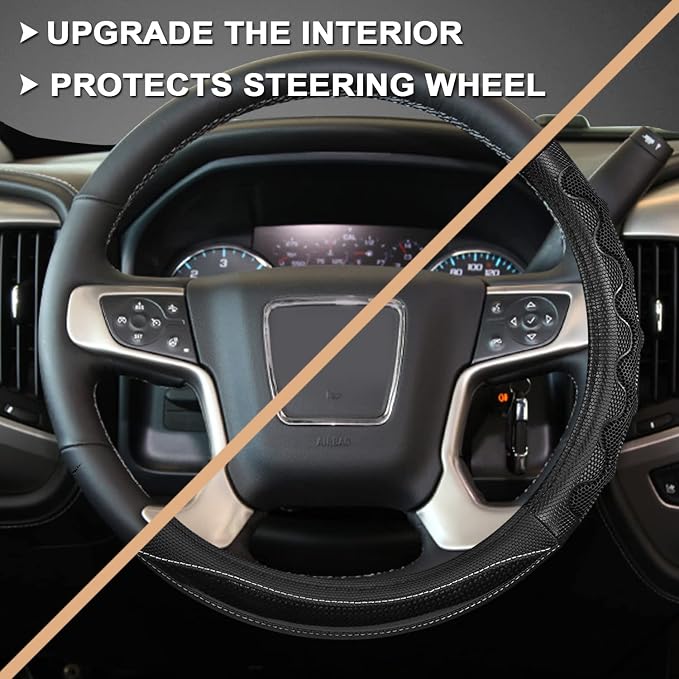 GIANT PANDA Steering Wheel Cover for GMC Sierra Acadia Terrain Yukon(3D Honeycomb-Black-Standard Size)