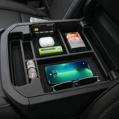 Center Console Organizer Tray Compatible with 2021 2022 2023 2024 2025 2026 GMC YuKon Denali, Chevy Suburban/Tahoe Armrest Storage Box Interior Accessories (Fit for Power-Sliding Console ONLY)