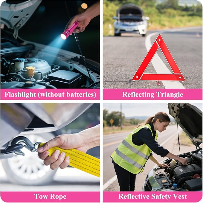 Car Roadside Emergency Kit, Vehicle Truck Safety Emergency Road Side Assistance Kits with Jumper Cables, Pink