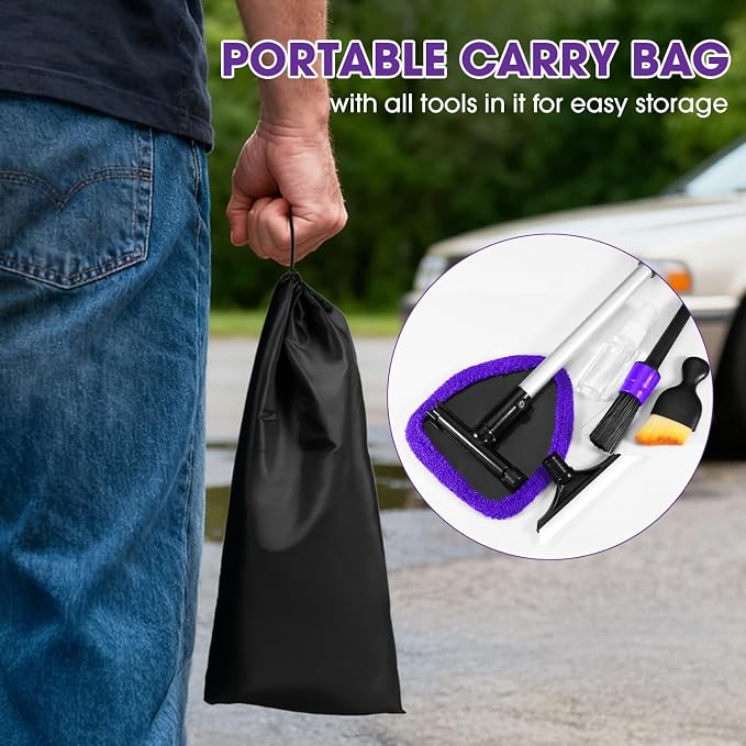 Purple Windshield Cleaner Tool, Car Interior Cleaning Kit with Extendable Handle and 3 Reusable Microfiber Pads, Auto Glass Wiper and Detailing Brush Kit for Car & Home Window