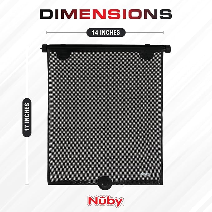 Nuby 14" Roller Vehicle Side Window Sun Protection Shade for Baby | 2 Pack | Pull Down with Suction Cups and Press Button Roll Up | Black