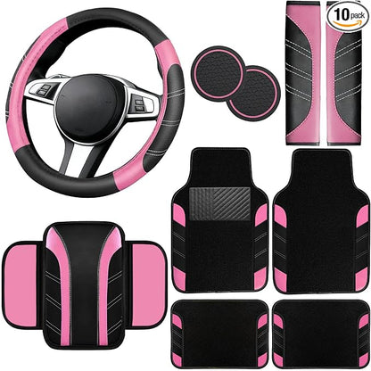 NBTEPEM 10 Pcs Car Floor Mats Full Set & Sport Leather Steering Wheel Cover 14.5-15 inch, Center Console Cover, Seat Belt Cushion, Cup Holder Coaster, Universal Automobile Interior Sets (Pink)
