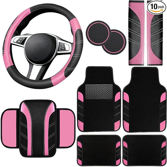 NBTEPEM 10 Pcs Car Floor Mats Full Set & Sport Leather Steering Wheel Cover 14.5-15 inch, Center Console Cover, Seat Belt Cushion, Cup Holder Coaster, Universal Automobile Interior Sets (Pink)
