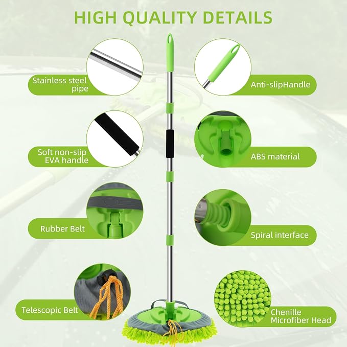 62" Car Wash Brush Kit Mitt Mop Sponge with Long Handle, Chenille Microfiber Car Cleaning Brush Kit, Windshield Window Squeegee, Car Care Kit of Scratch-Free Replacement for Cleaning Car, RV, Truck