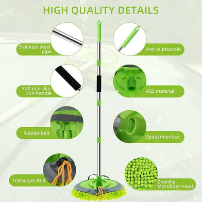 62" Car Wash Brush Kit Mitt Mop Sponge with Long Handle, Chenille Microfiber Car Cleaning Brush Kit, Windshield Window Squeegee, Car Care Kit of Scratch-Free Replacement for Cleaning Car, RV, Truck