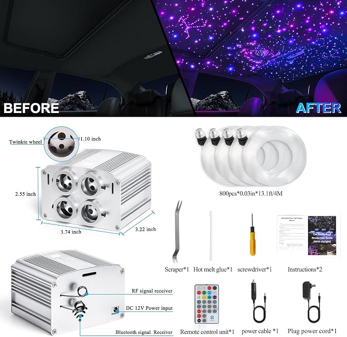 4 Colors 32W Twinkle Car Starlight Headliner Kit 800pcs*0.03in*13.1ft with APP&RF Remote,RGBW Fiber Optic Strands Star Roof Lights,4 Port Engine Sound Activated Ceiling Star Lights for Home/Car Decor
