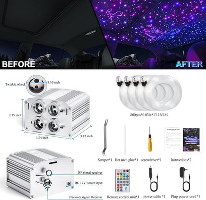 4 Colors 32W Twinkle Car Starlight Headliner Kit 800pcs*0.03in*13.1ft with APP&RF Remote,RGBW Fiber Optic Strands Star Roof Lights,4 Port Engine Sound Activated Ceiling Star Lights for Home/Car Decor