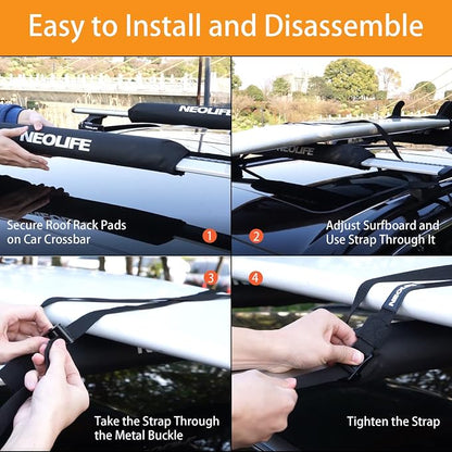 Soft Roof Rack Pads with Two 15 Ft Tie Down Straps for Surfboard, SUP Paddleboard, Snowboard, 28/34inch (Pair)