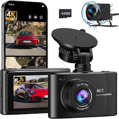 4K +2.5K Dash Cam Front and Rear, Free 64GB Card Included, 5.8GHz WiFi Dash Camera for Cars, Built-in Night Vision, G-Sensor,170°Wide Angle, App Control, 3" IPS, 24H Parking Mode, Max 256GB