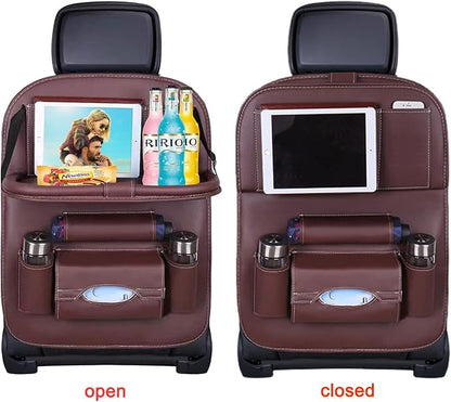 Car Back Seat Organizer with Foldable Table Tray, PU Leather Backseat Organizer for Kids Toddlers Travel, Car Kick Mats Seat Back Protector Storage Pocket with Touch Screen Tablet Holder