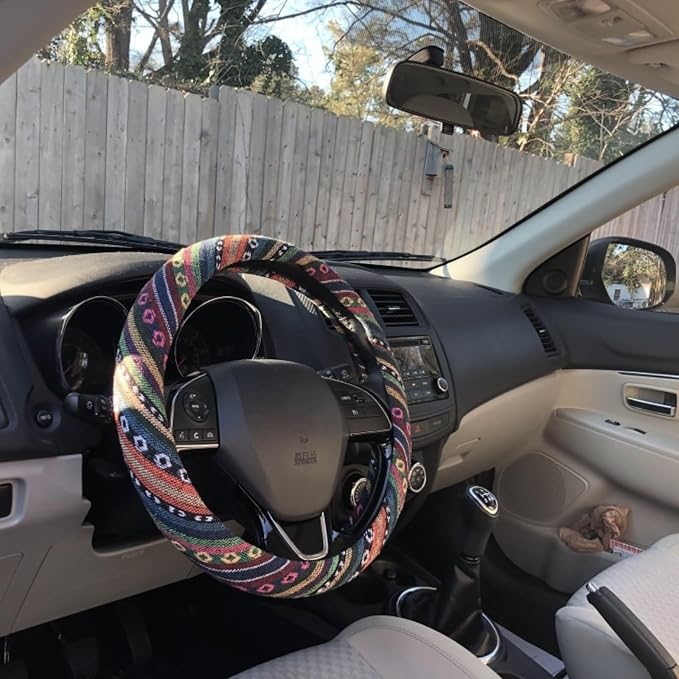 Boho Steering Wheel Cover for Women Men Baja Blanket Enthic Car Steering Wheel Cover Ethnic Car SUV Wheel Protector, Breathable, Anti-Slip, Odorless, Universal Fit 14.5-15 Inch