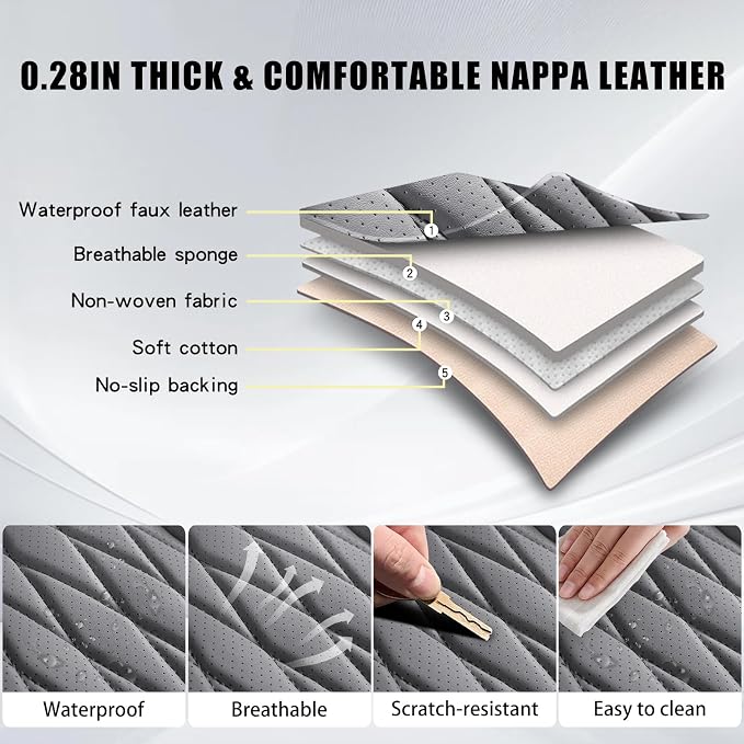 WELLDO Nappa Faux Leather Car Seat Covers Full Set, Gray | Waterproof, Non-Slip Seat Protector, 0.28in Thickened Cushion, Airbag Compatible, Universal for Cars SUV Truck Pickup